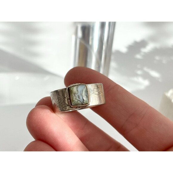 Jasper Gemstone Straight Banded Carved Pewter Statement Vintage Ring - sz 11 - Picture 7 of 13